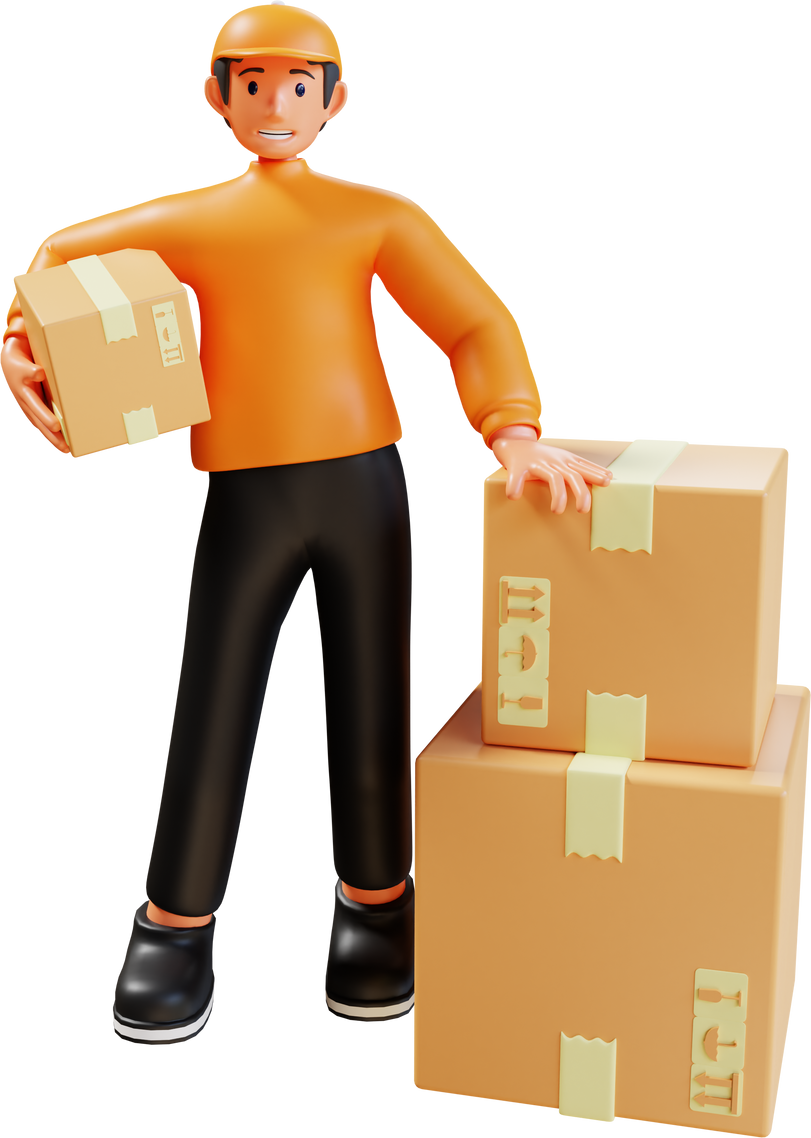 3d render orange courier with box package